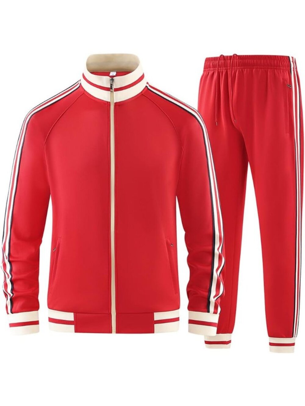 Men's 2 Piece Suit Red Slant Pocket Long Sleeve Full Zip Sweatsuit Jacket Pant